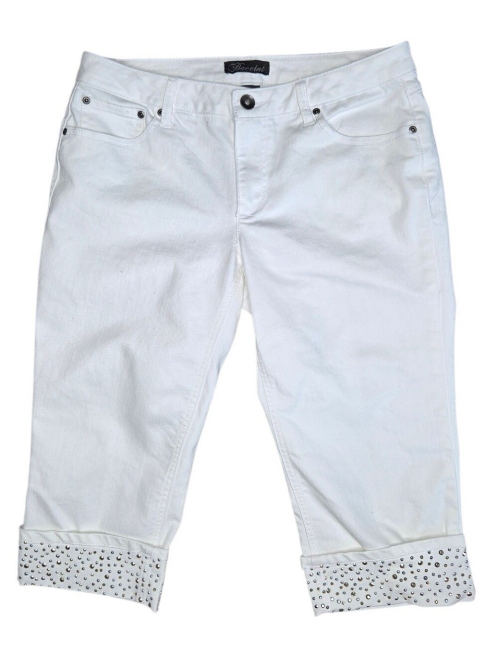 Y2K Baccini Bedazzled Rhinestone Cuff Midrise White Capri Pants Size 8 McBling